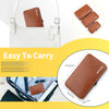 Brown leather manicure kit with a white strap and multiple cases shown for travel and home use