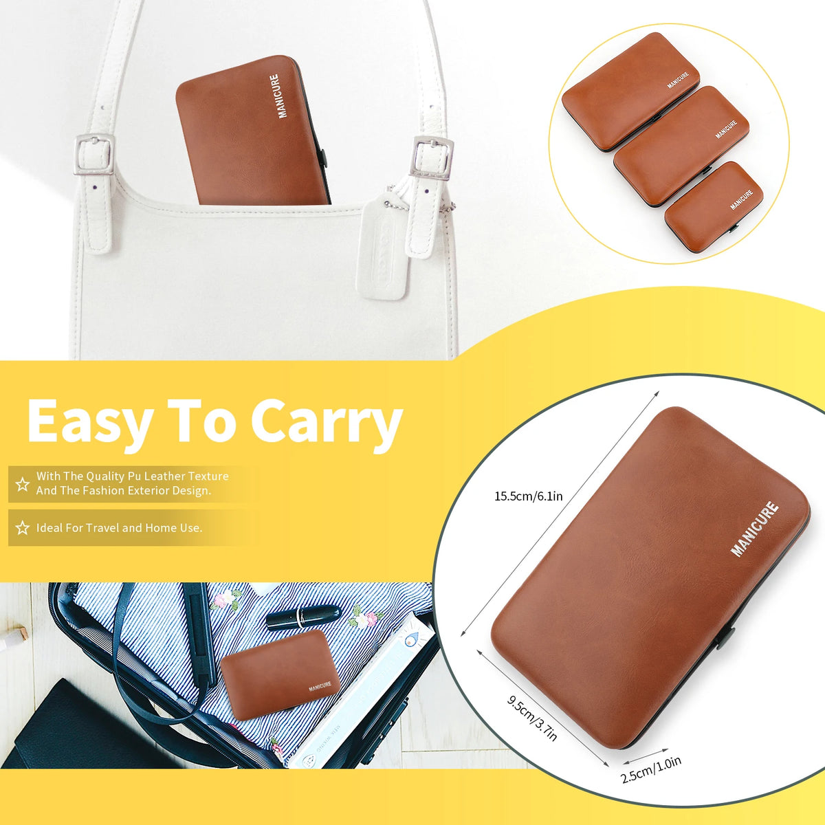 Brown leather manicure kit with a white strap and travel case shown in various angles