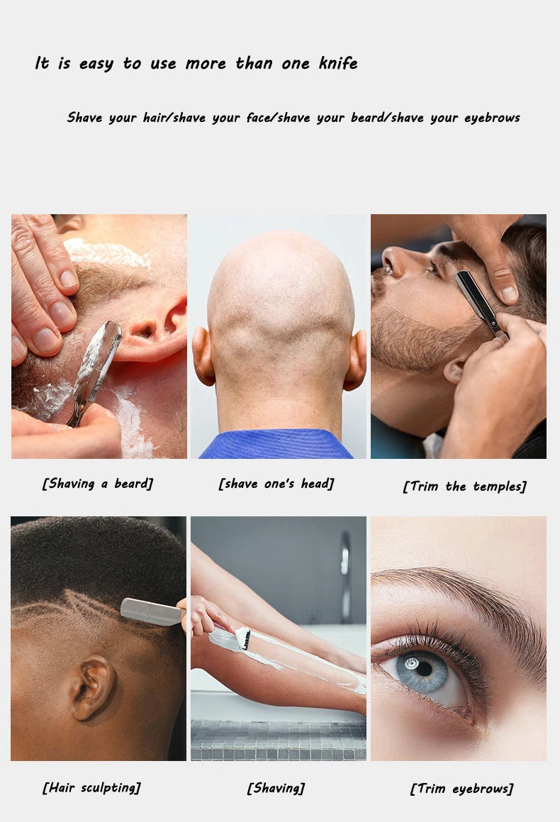 A set of stainless steel single-sided razor blades is shown being used for various grooming tasks like shaving hair, face, be