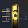 A close-up of a gold electric foil shaver with various gear settings displayed on the body.