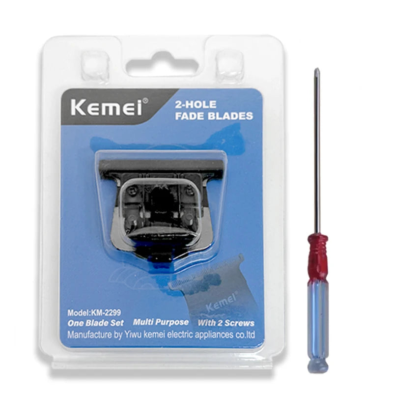 A package containing a replacement 2-hole fade blade for a Kemei hair trimmer.