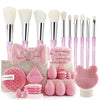 A complete 20-piece makeup brush set displayed with various pink and nude colored brushes, sponges, and applicators.