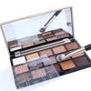A cosmetic palette featuring double-ended eye shadow brushes and various eyeshadow shades.