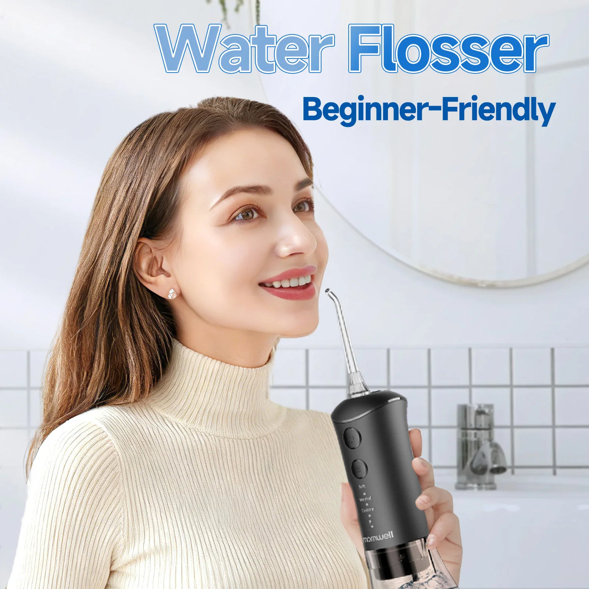 A woman holds a black electric water flosser oral irrigator device.