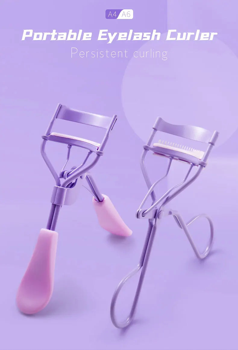 A purple portable eyelash curler tool shown against a light purple background.