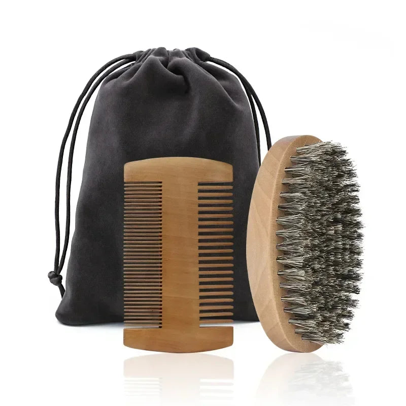 A black mesh bag containing a wooden boar bristle beard and mustache comb set.