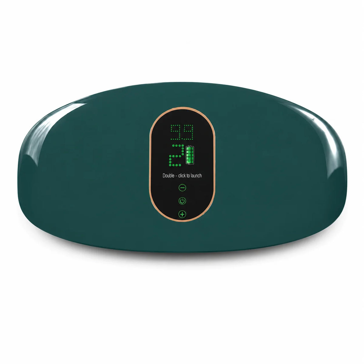 A dark teal electronic device with a circular display and power button, used for an electric slimming abdominal massager belt