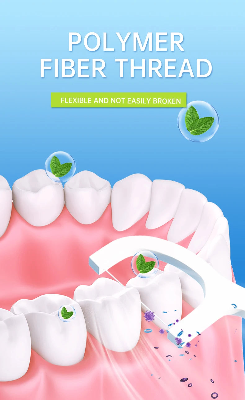 A set of white polymer fiber threads used as a flexible and non-easily broken dental floss toothbrush.