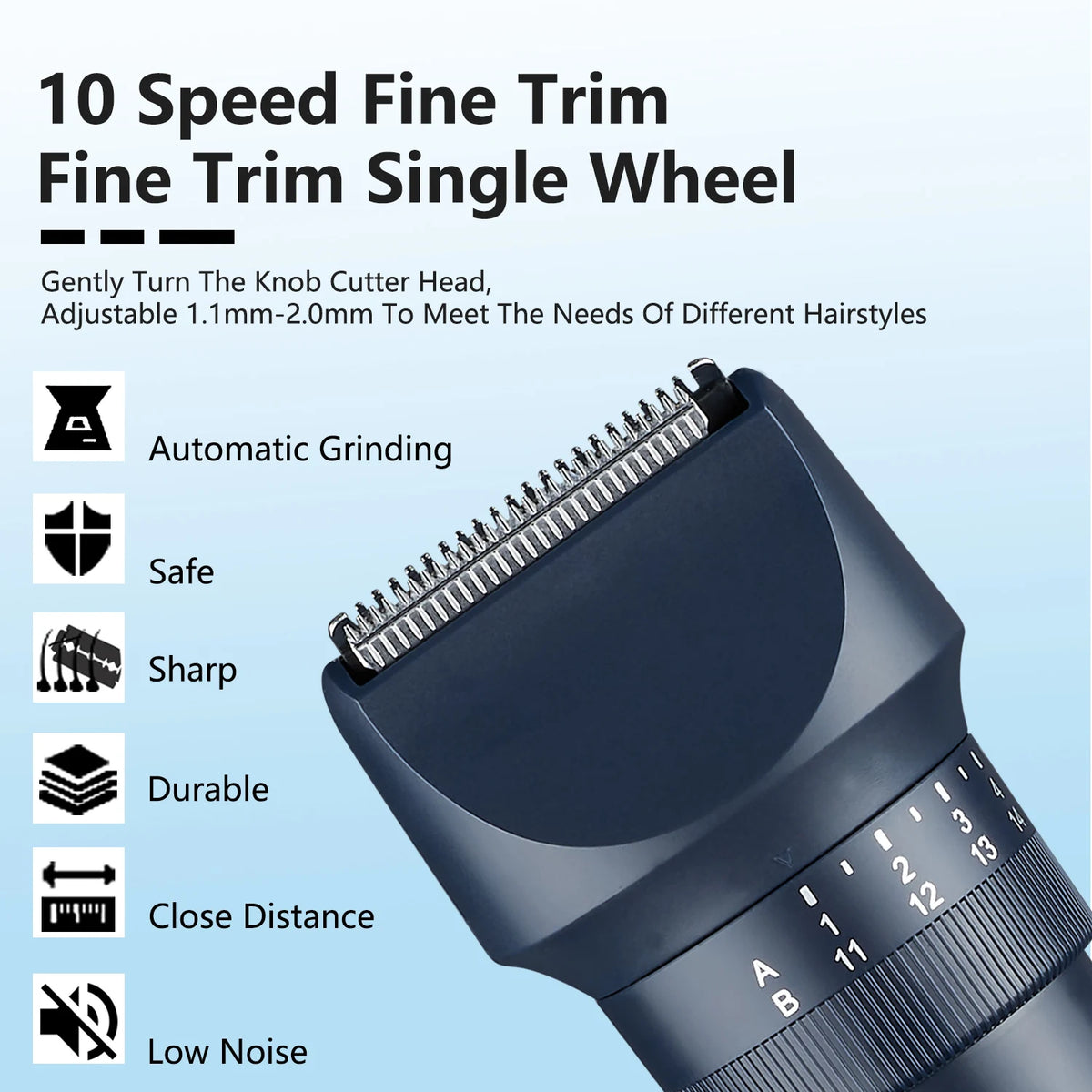 Close-up view of a dark grooming trimmer with a fine trim wheel and various feature icons.