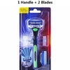A package containing one handle and two blades of an IGUETTA precision replacement razor set.
