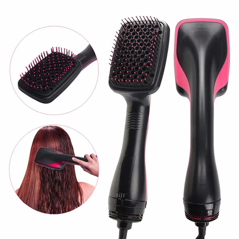 A black hair dryer brush and curling comb with a pink handle shown in various views.