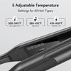 A black ceramic flat iron is shown with temperature settings for damaged, dyed, and healthy hair.