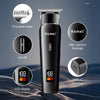 A black electric hair and beard trimmer with a fine steel cutter, on/off switch, LCD display showing 188 power level, and a T