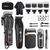 A set of black professional cordless hair clippers and grooming tools including a body clipper, beard trimmer, and various at