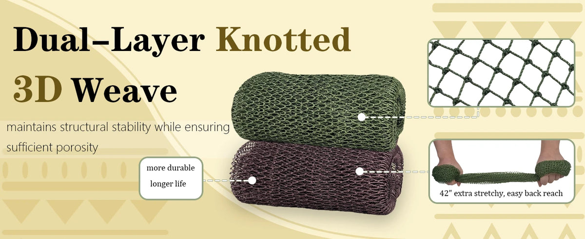 Dual-Layer Knotted 3D weave loofah sponge in green and brown colors for exfoliation