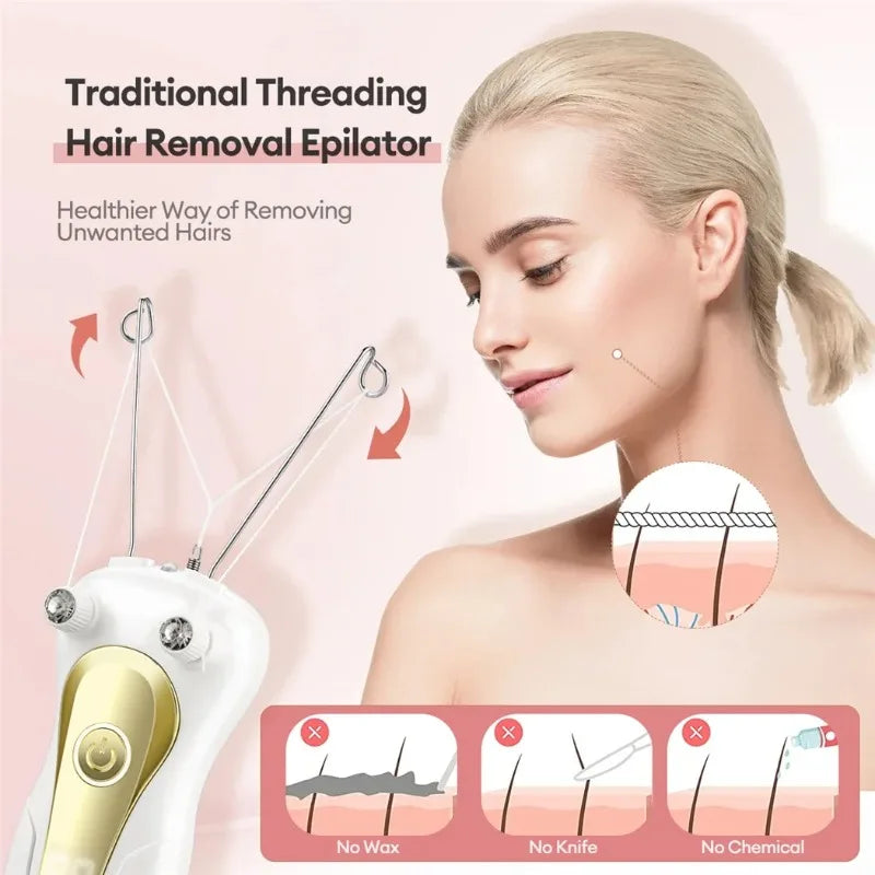 Eine Frau verwendet einen weißen elektrischen Haarentfernungs-Epilator auf ihr Gesicht, der verschiedene Entfernungsmethoden 