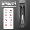 A black electric trimmer with a silver button is shown next to diagrams illustrating trimming areas like head, beard, chest, 