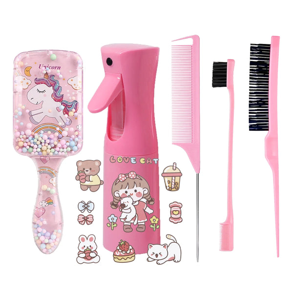 A pink 5-piece DIY hair styling kit featuring a unicorn brush, comb, and spray bottle with cute cat graphics.