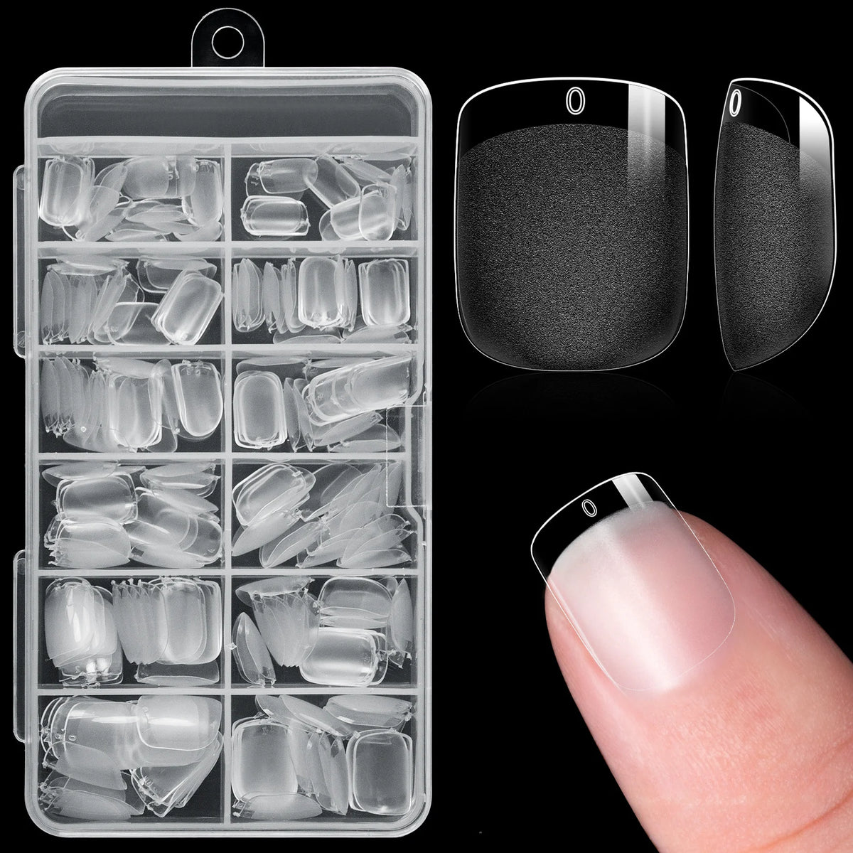A clear plastic case containing twelve sizes of half cover almond press-on fake nails displayed next to a finger.