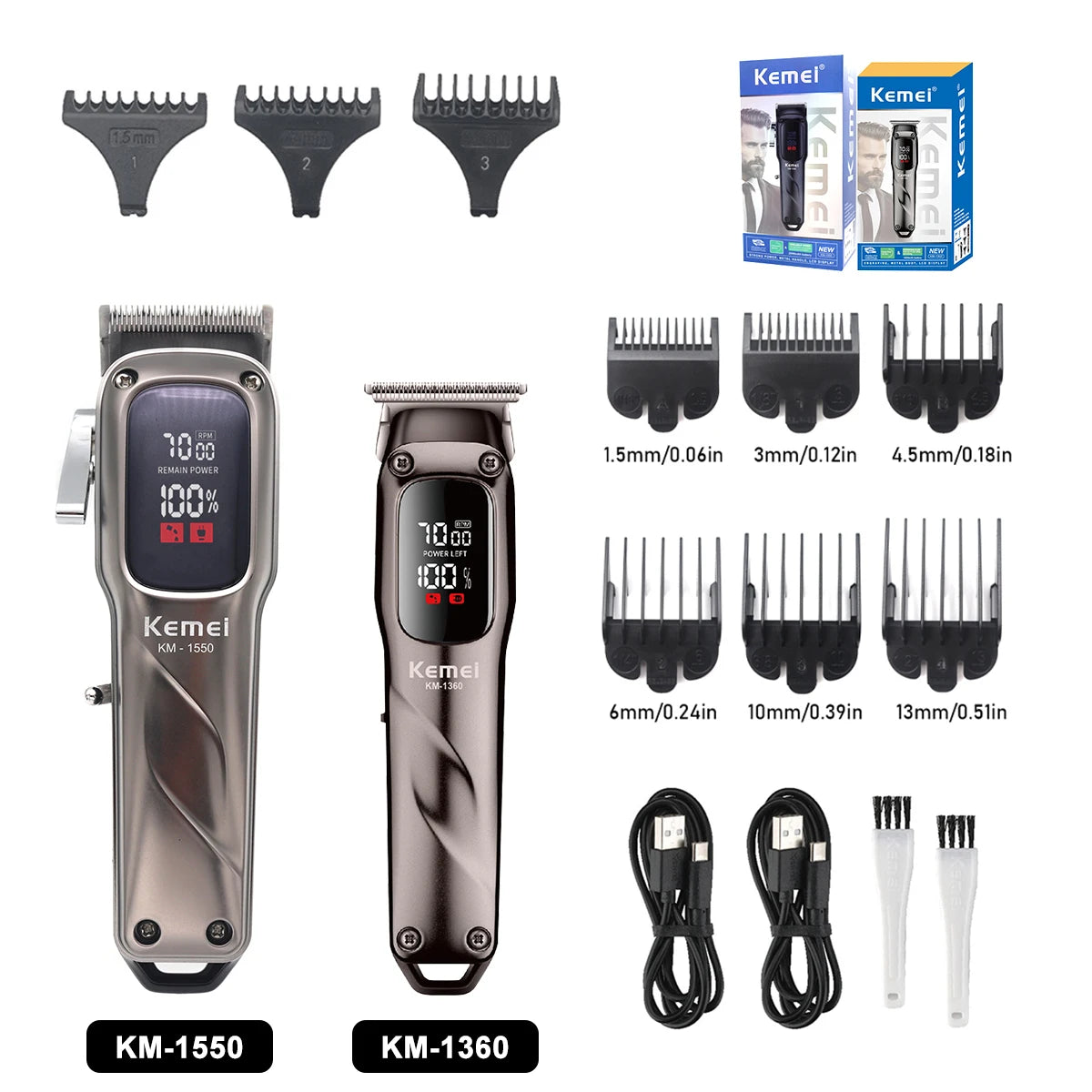 Kemei KM-1550 and KM-1360 hair clippers with various attachments shown.