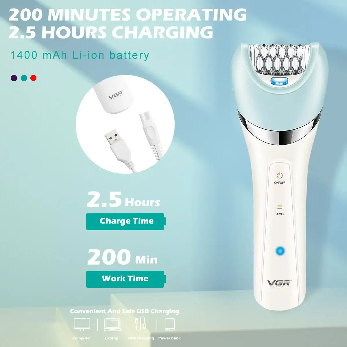 A white VGR electric grooming kit with a light blue body is shown next to charging accessories and text detailing its battery