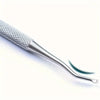 A close-up view of a stainless steel ingrown toenail pedicure tool with a textured handle and a pointed tip.