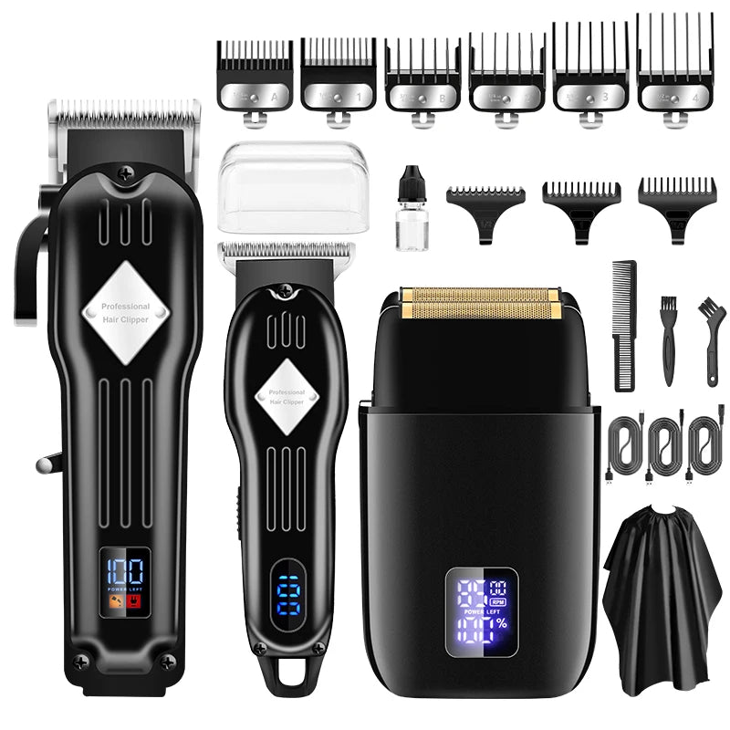 A black 3-in-1 professional electric hair clipper shaver for men shown with various attachments and a shaving head.