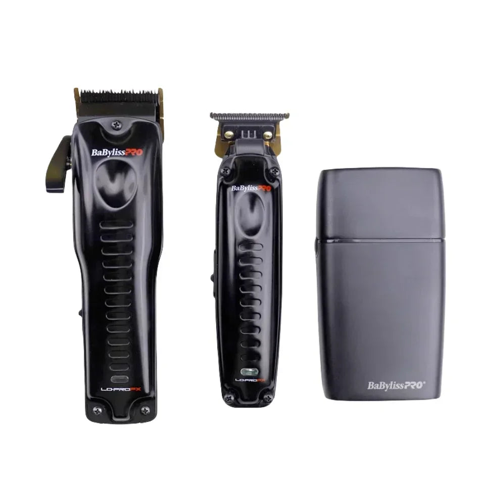 Schwarzer BaByliss Pro kabelloser Haarschneider in drei Ansichten.