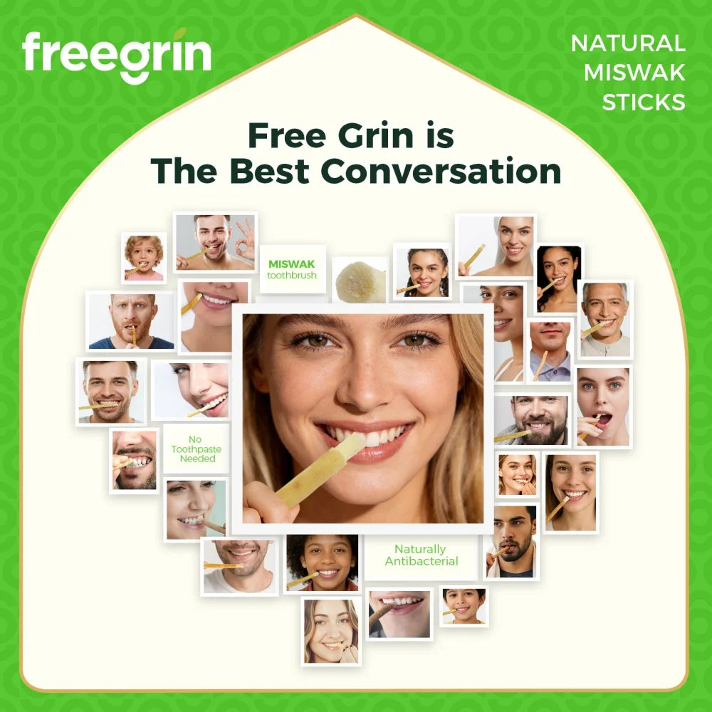 A collage of people smiling and using natural miswak sticks for conversation and oral care.