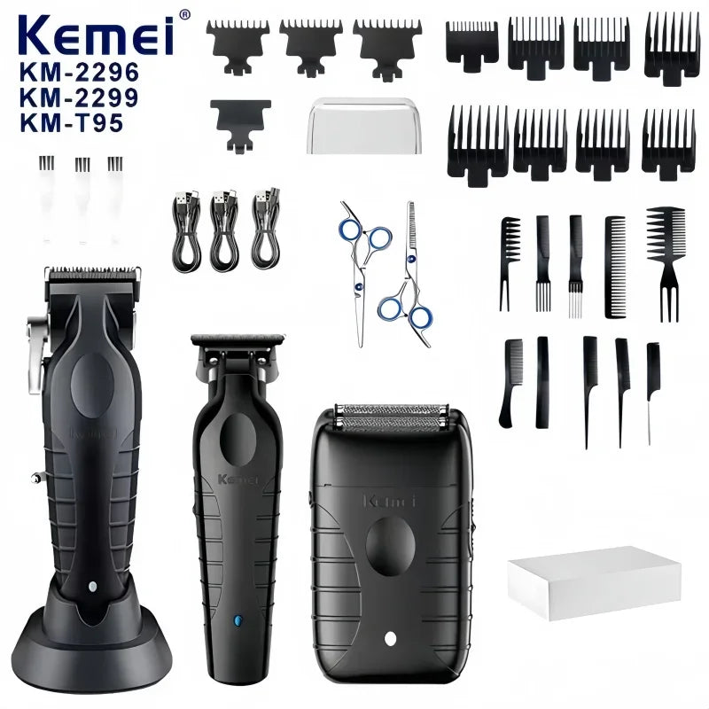 A collection of professional electric hair clipper grooming tools and accessories in black and silver.