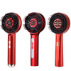 A set of three red electric scalp massage combs with LED light therapy features shown from the side.