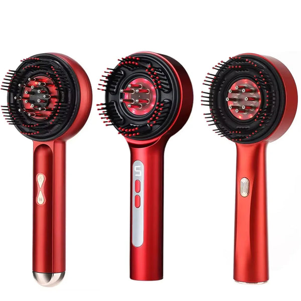 A set of three red electric scalp massage combs with LED light therapy features shown from the side.