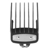 A black precision hair clipper guide comb set with five metal teeth and a silver base.