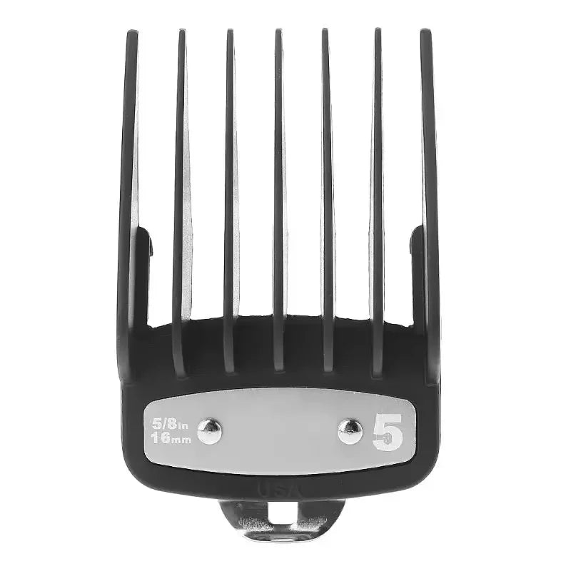 A black precision hair clipper guide comb set with five metal teeth and a silver base.