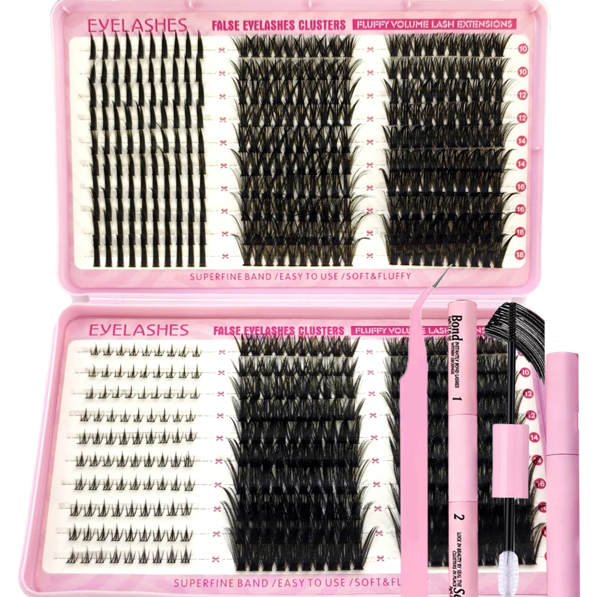 A pink box containing false eyelashes and fluffy volume lash extensions for DIY use