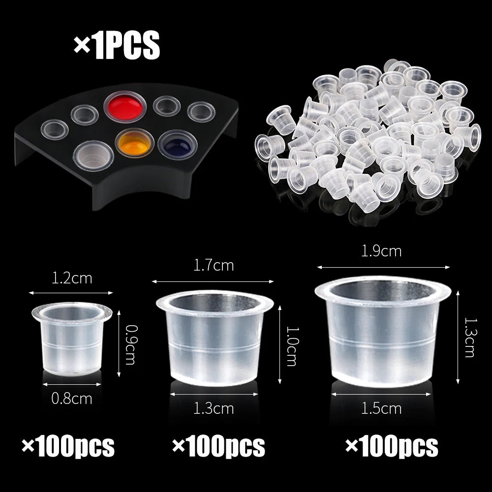 Set of tattoo ink cups with a holder featuring three sizes of disposable cups