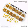 Kit de plástico transparente con lentejuelas de diamantes doradas y bronce para adornos de uñas.