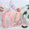A pink transparent cosmetic storage bag with a pink strap is shown next to a white product and a skincare jar.