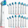 A collection of white and blue replacement brush heads for Oral-B and Braun toothbrushes.