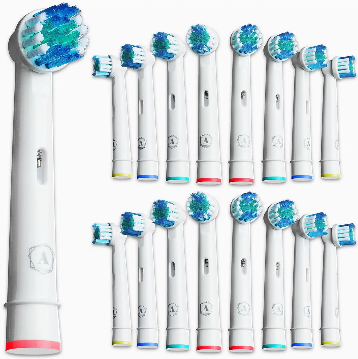 A collection of white and blue replacement brush heads for Oral-B and Braun toothbrushes.