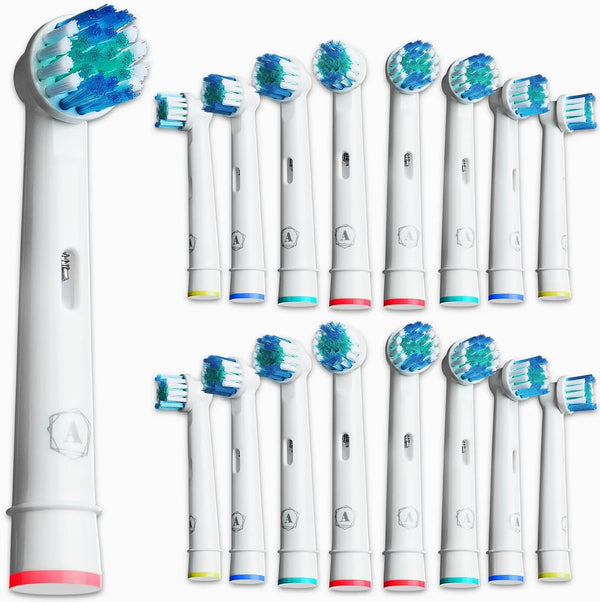 Collection de têtes de brosse de remplacement blanches et bleues pour brosses à dents Oral-B et Braun.