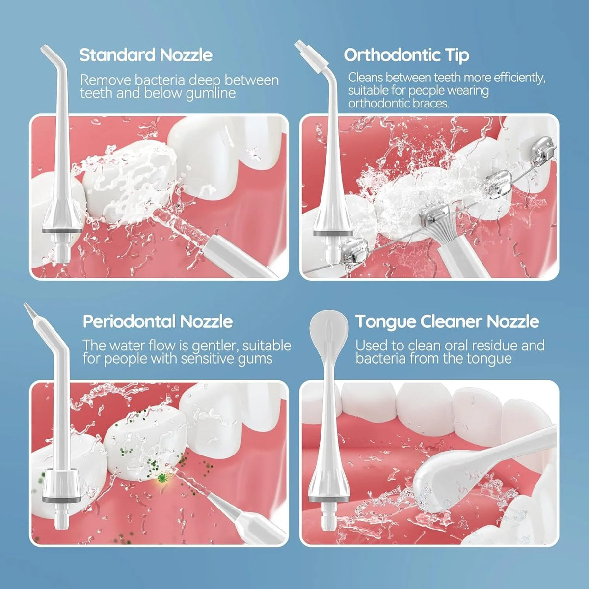 A set of four replacement tips for a water flosser including a standard nozzle, orthodontic tip, periodontal nozzle, and tong