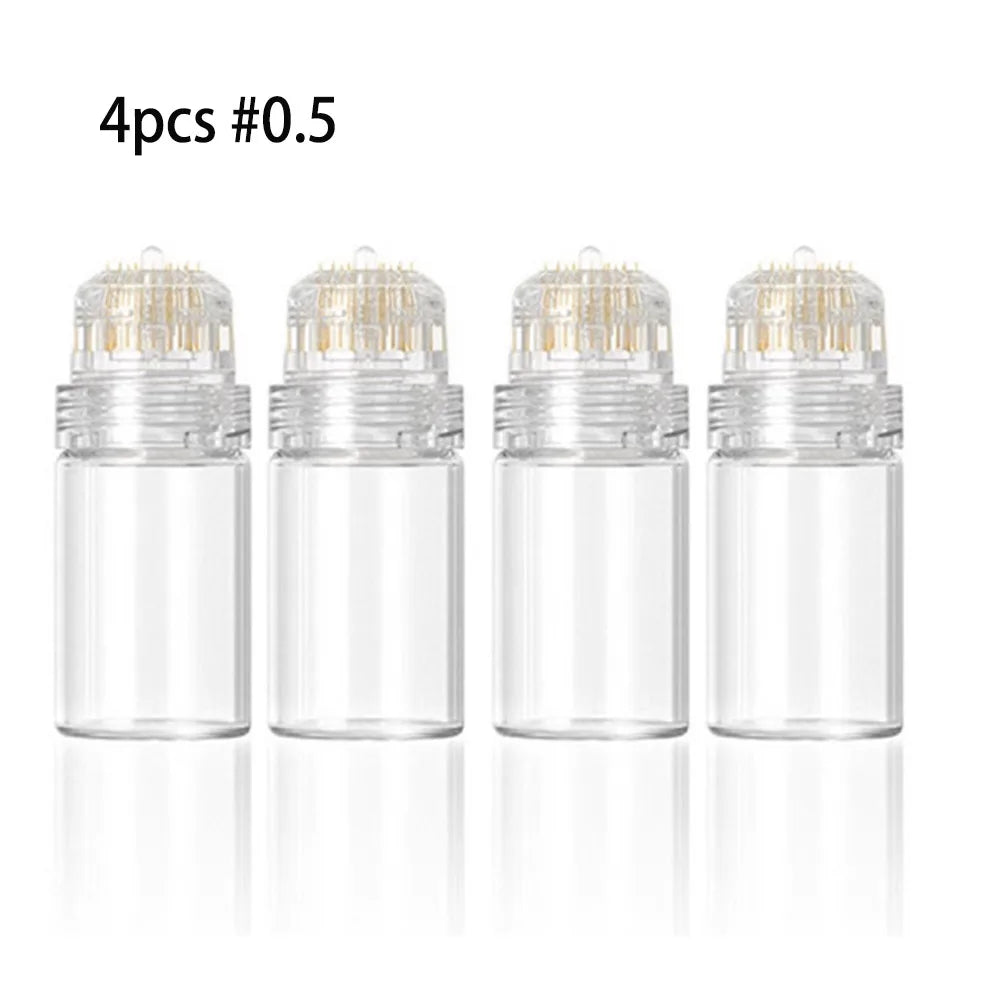 Four glass vials containing #0.5 needles for a professional microneedling stamp set