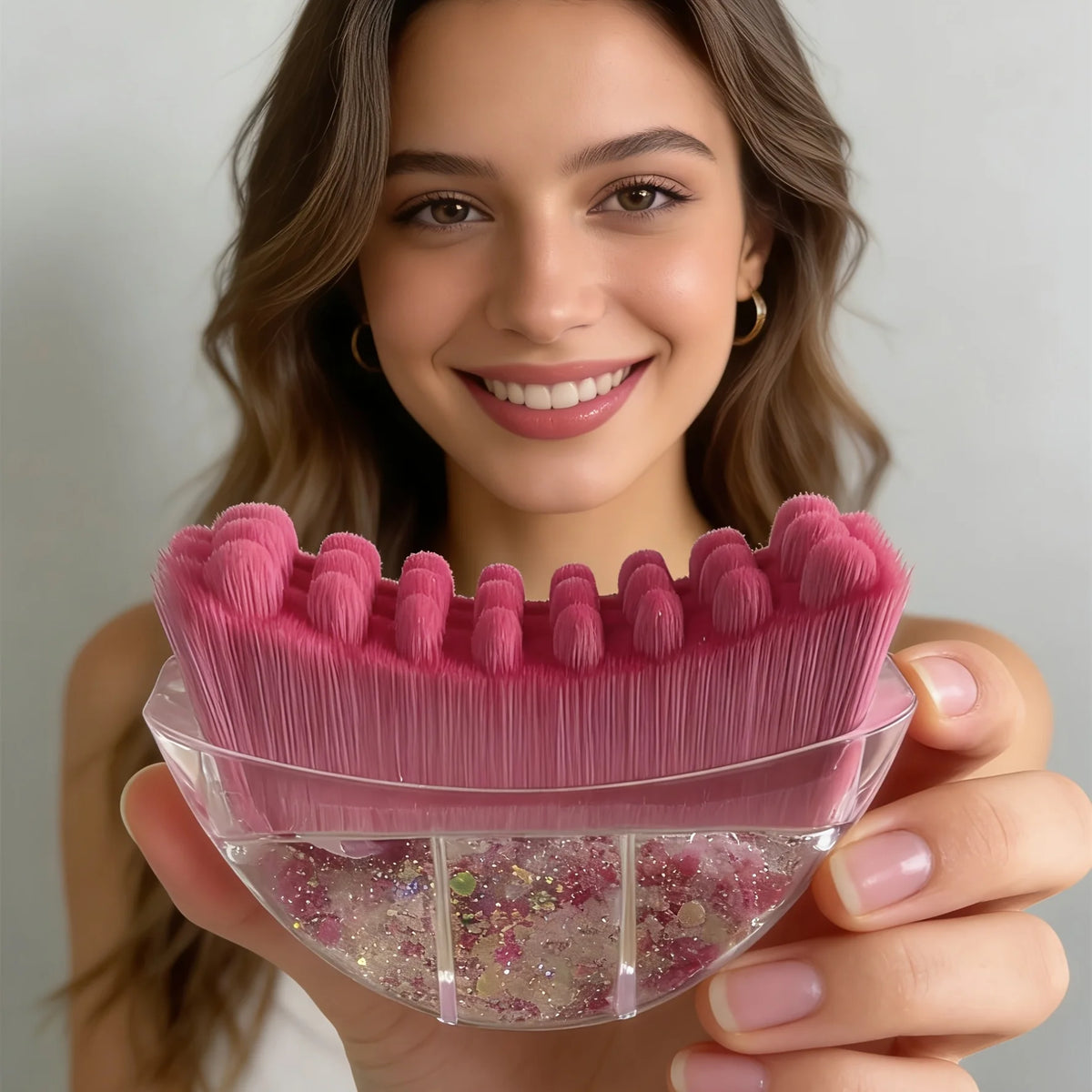 A woman holds a pink natural rubber gua sha tool for face and neck massage.
