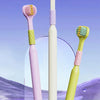 Set de brosses à dents stéréo 3D à trois côtés, poignées rose et vert lime, sur un support transparent.