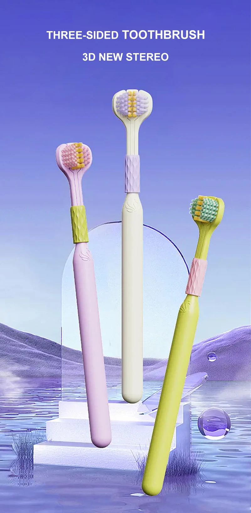Set de brosses à dents stéréo 3D à trois côtés, poignées rose et vert lime, sur un support transparent.