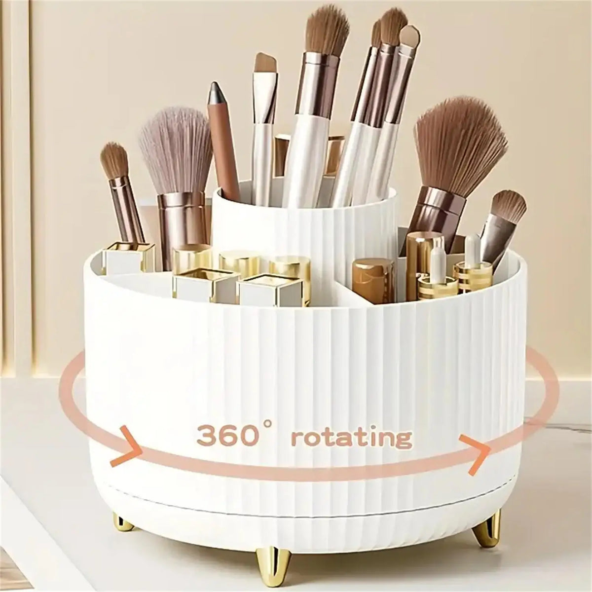 A white makeup organizer with a rotating base holds various makeup brushes and tools.