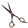 A pair of professional 6-inch stainless steel hairdressing scissors with black handles and orange accents.