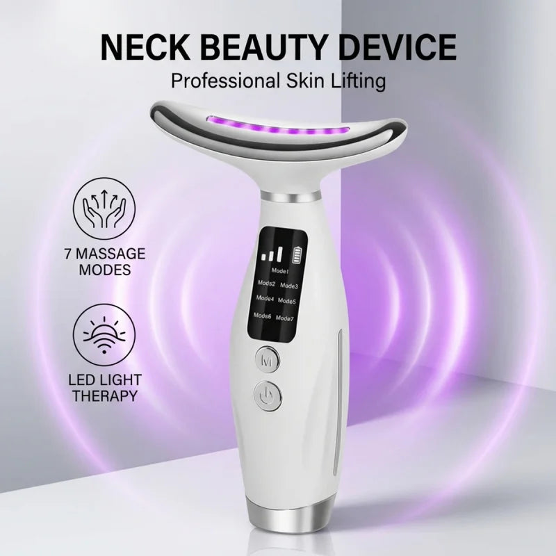 A white professional skin lifting neck beauty device with LED light therapy features and massage modes