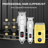 A professional hair clippers kit showing a silver trimmer and a yellow shaver on a dark background.